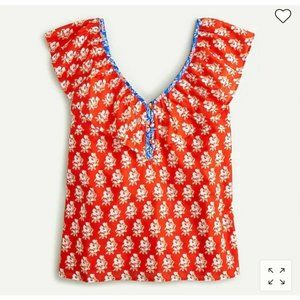 J Crew Ruffle V Neck Red Top In Classic Block Print Size Large